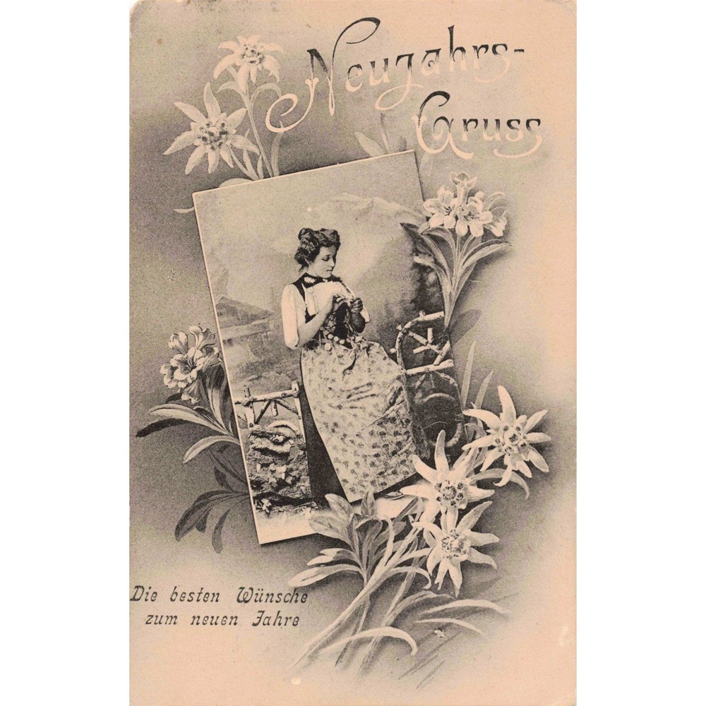 Antique 1907 Swiss Postcard Neujahrs-Gruss Edelweiss Woman Steffisburg RPPC - Picture 1 of 2